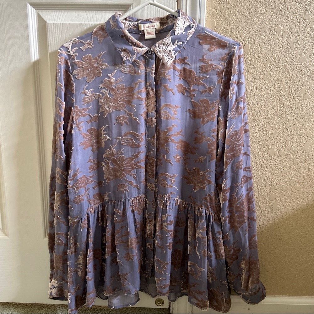 Sundance Velvet Floral Silk Button Down Sheer Blouse Size L